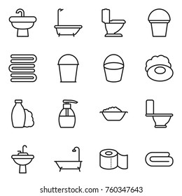 Thin line icon set : sink, bath, toilet, bucket, towels, soap, shampoo, liquid, foam basin, water tap, paper, towel