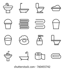 Thin line icon set : sink, bath, toilet, washing, bucket, towels, towel, soap, liquid, water tap, paper