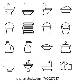 Thin line icon set : sink, bath, toilet, washing, bucket, towels, shampoo, liquid soap, foam basin, hanger, water tap, paper