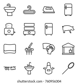 Thin line icon set : sink, hanger, iron, fridge, toaster, double boiler, pig, sponge, vacuum cleaner, wiping, utility room, drying clothe, water tap, apron, duster