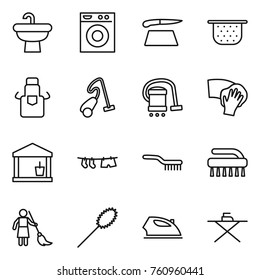Thin line icon set : sink, washing machine, cutting board, colander, apron, vacuum cleaner, wiping, utility room, drying clothe, brush, brooming, duster, iron