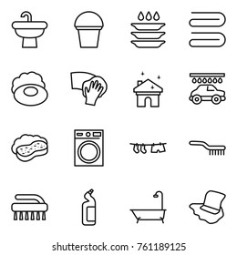 Thin line icon set : sink, bucket, plate washing, towel, soap, wiping, house cleaning, car wash, sponge with foam, machine, drying clothe, brush, toilet cleanser, bath, floor