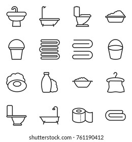 Thin line icon set : sink, bath, toilet, washing, bucket, towels, towel, soap, shampoo, foam basin, hanger, paper