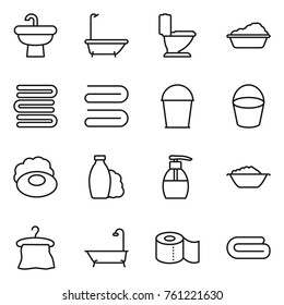 Thin line icon set : sink, bath, toilet, washing, towels, towel, bucket, soap, shampoo, liquid, foam basin, hanger, paper
