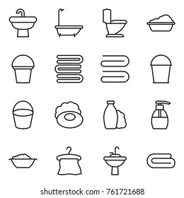 Thin line icon set : sink, bath, toilet, washing, bucket, towels, towel, soap, shampoo, liquid, foam basin, hanger, water tap