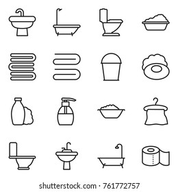 Thin line icon set : sink, bath, toilet, washing, towels, towel, bucket, soap, shampoo, liquid, foam basin, hanger, water tap, paper