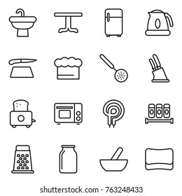 Thin line icon set : sink, table, fridge, kettle, cutting board, chief hat, skimmer, knife holder, toaster, grill oven, elecric, spices, grater, bank, mortar, sponge