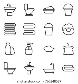 Thin line icon set : sink, toilet, washing, bucket, towels, towel, soap, shampoo, liquid, foam basin, hanger, water tap, bath