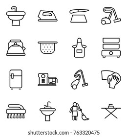 Thin line icon set : sink, iron, cutting board, vacuum cleaner, kettle, colander, apron, double boiler, fridge, food processor, wiping, brush, water tap, brooming