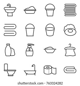 Thin line icon set : sink, washing, bucket, towels, towel, soap, shampoo, liquid, foam basin, hanger, toilet, bath, paper