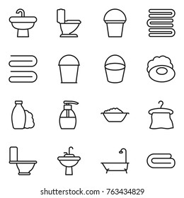 Thin line icon set : sink, toilet, bucket, towels, towel, soap, shampoo, liquid, foam basin, hanger, water tap, bath