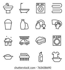Thin line icon set : sink, bath, washing machine, towel, bucket, shampoo, dish cleanser, wiping, house cleaning, car wash, sponge with foam, basin, brush, toilet, handle