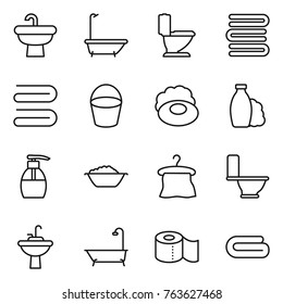 Thin line icon set : sink, bath, toilet, towels, towel, bucket, soap, shampoo, liquid, foam basin, hanger, water tap, paper