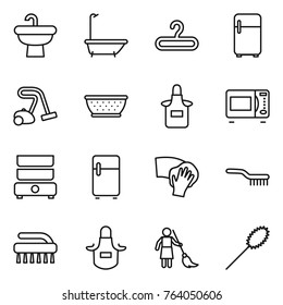 Thin line icon set : sink, bath, hanger, fridge, vacuum cleaner, colander, apron, microwave oven, double boiler, wiping, brush, brooming, duster