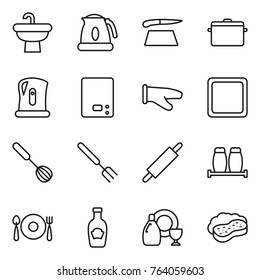 Thin line icon set : sink, kettle, cutting board, pan, kitchen scales, cook glove, whisk, big fork, rolling pin, salt pepper, spoon plate, ketchup, dish cleanser, sponge with foam