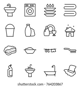 Thin line icon set : sink, washing machine, plate, towel, bucket, shampoo, dish cleanser, house cleaning, sponge with foam, basin, drying clothe, brush, toilet, water tap, bath, floor