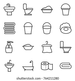Thin line icon set : sink, toilet, washing, bucket, towels, soap, liquid, foam basin, hanger, water tap, bath, paper, towel