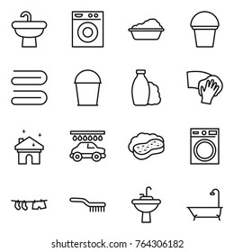 Thin line icon set : sink, washing machine, bucket, towel, shampoo, wiping, house cleaning, car wash, sponge with foam, drying clothe, brush, water tap, bath