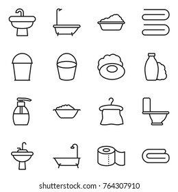 Thin line icon set : sink, bath, washing, towel, bucket, soap, shampoo, liquid, foam basin, hanger, toilet, water tap, paper