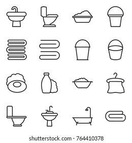 Thin line icon set : sink, toilet, washing, bucket, towels, towel, soap, shampoo, foam basin, hanger, water tap, bath