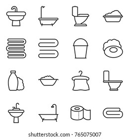 Thin line icon set : sink, bath, toilet, washing, towels, towel, bucket, soap, shampoo, foam basin, hanger, water tap, paper