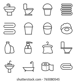 Thin line icon set : sink, toilet, bucket, towels, towel, soap, shampoo, liquid, hanger, water tap, bath, paper