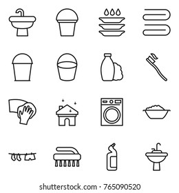 Thin line icon set : sink, bucket, plate washing, towel, shampoo, tooth brush, wiping, house cleaning, machine, foam basin, drying clothe, toilet cleanser, water tap
