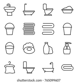 Thin line icon set : sink, bath, toilet, washing, bucket, towels, towel, soap, shampoo, liquid, hanger