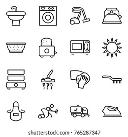 Thin line icon set : sink, washing machine, vacuum cleaner, kettle, colander, toaster, microwave oven, gas, double boiler, wiping, brush, apron, home call cleaning, iron