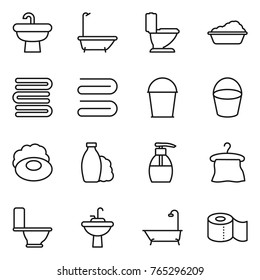 Thin line icon set : sink, bath, toilet, washing, towels, towel, bucket, soap, shampoo, liquid, hanger, water tap, paper