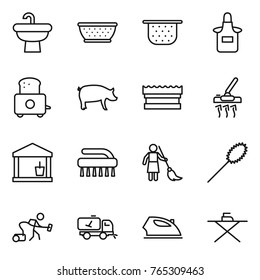 Thin line icon set : sink, colander, apron, toaster, pig, sponge, vacuum cleaner, utility room, brush, brooming, duster, home call cleaning, iron, board