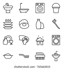 Thin line icon set : sink, bath, washing machine, bucket, plate, soap, shampoo, tooth brush, dish cleanser, wiping, house cleaning, foam basin, water tap