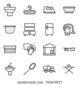 Thin line icon set : sink, hanger, iron, colander, double boiler, fridge, vacuum cleaner, sponge, wiping, utility room, drying clothe, water tap, duster, home call cleaning, board