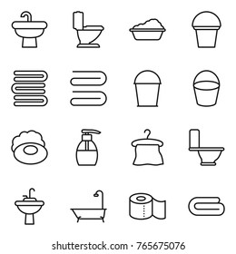 Thin line icon set : sink, toilet, washing, bucket, towels, towel, soap, liquid, hanger, water tap, bath, paper