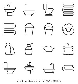 Thin line icon set : sink, bath, toilet, towels, towel, bucket, soap, shampoo, liquid, foam basin, hanger, water tap