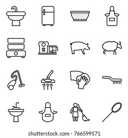 Thin line icon set : sink, fridge, colander, apron, double boiler, food processor, pig, sheep, vacuum cleaner, wiping, brush, water tap, brooming, duster