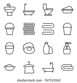 Thin line icon set : sink, bath, toilet, washing, bucket, towels, towel, soap, shampoo, liquid, foam basin, hanger