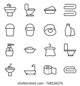 Thin line icon set : sink, toilet, washing, towel, bucket, soap, shampoo, liquid, foam basin, hanger, water tap, bath, paper