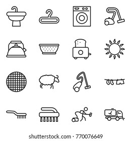 Thin line icon set : sink, hanger, washing machine, vacuum cleaner, kettle, colander, toaster, gas oven, sieve, sheep, drying clothe, brush, home call cleaning