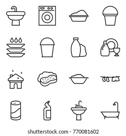 Thin line icon set : sink, washing machine, bucket, plate, shampoo, dish cleanser, house cleaning, sponge with foam, basin, drying clothe, powder, toilet, water tap, bath