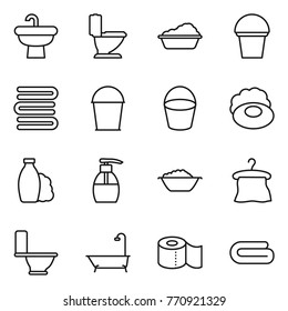 Thin line icon set : sink, toilet, washing, bucket, towels, soap, shampoo, liquid, foam basin, hanger, bath, paper, towel