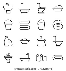 Thin line icon set : sink, bath, toilet, washing, bucket, towel, soap, shampoo, foam basin, hanger, water tap, paper