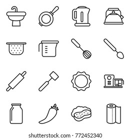 Thin line icon set : sink, pan, kettle, colander, measuring cup, whisk, big spoon, rolling pin, meat hammer, induction oven, food processor, bank, hot pepper, sponge with foam, paper towel