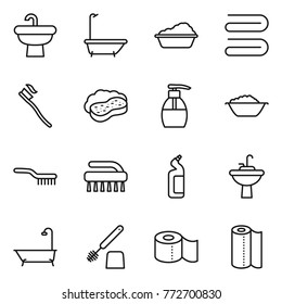 Thin line icon set : sink, bath, washing, towel, tooth brush, sponge with foam, liquid soap, basin, toilet cleanser, water tap, paper