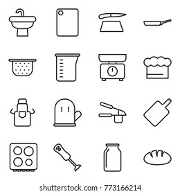 Thin line icon set : sink, cutting board, pan, colander, measuring cup, kitchen scales, chief hat, apron, cook glove, garlic clasp, hob, blender, bank, bread