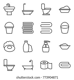 Thin line icon set : sink, bath, toilet, washing, bucket, towels, towel, soap, shampoo, liquid, foam basin, paper