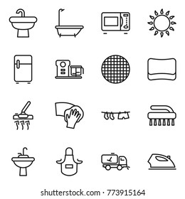 Thin line icon set : sink, bath, microwave oven, gas, fridge, food processor, sieve, sponge, vacuum cleaner, wiping, drying clothe, brush, water tap, apron, home call cleaning, iron