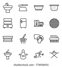 Thin line icon set : sink, cutting board, colander, double boiler, fridge, food processor, sieve, sponge, vacuum cleaner, wiping, brush, water tap, apron, iron