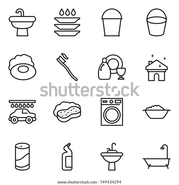 thin line icon set\
: sink, plate washing, bucket, soap, tooth brush, dish cleanser,\
house cleaning, car wash, sponge with foam, machine, basin, powder,\
toilet, water tap, bath