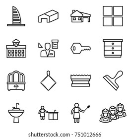 thin line icon set : skyscraper, warehouse, house with garage, window, university, architector, key, chest of drawers, dresser, rag, sponge, scraper, water tap sink, kitchen cleaning, woman duster